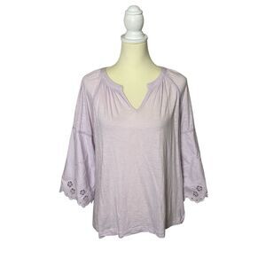 Caslon Lavender Floral Embroidered Eyelet Sleeve Blouse Women's Size Large